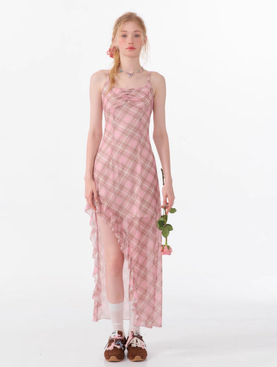 Irregular Waist Plaid Pink Long Suspender Dress ZIZ0086