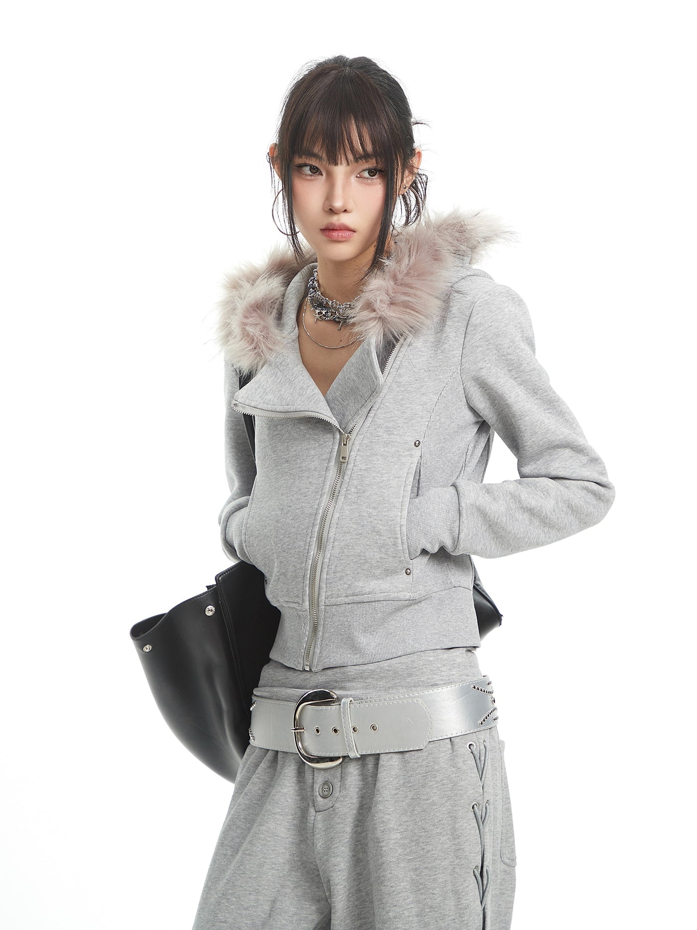 Fur Collar Hooded Sweatshirt Jacket UNC0324