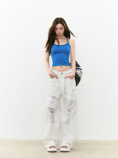 Large Hole Casual Rhinestone Jeans VIA0275