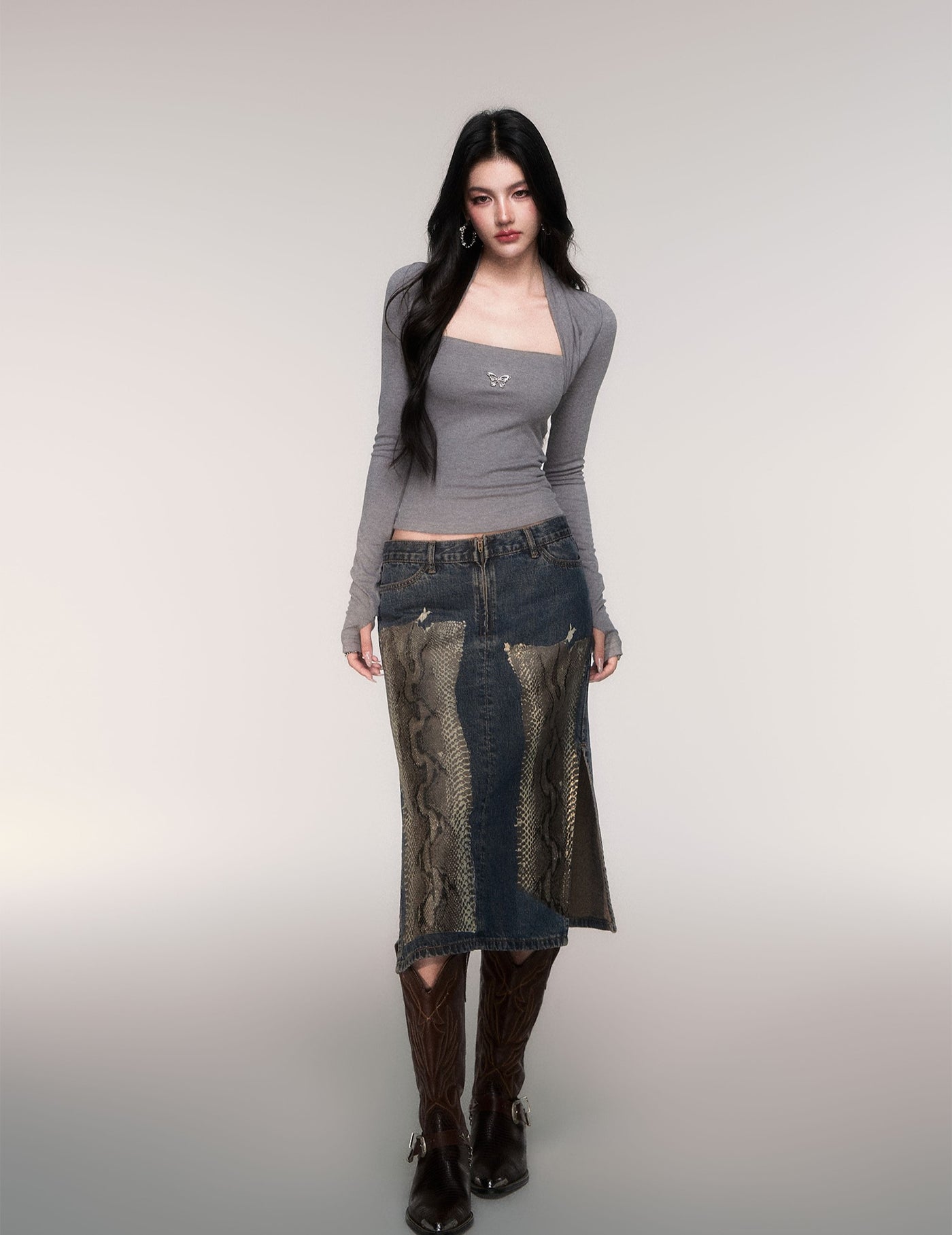 Python Print Straight-Line Denim Skirt LUL0209