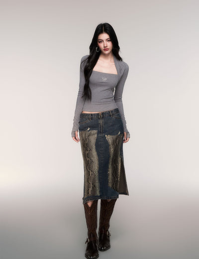 Python Print Straight-Line Denim Skirt LUL0209
