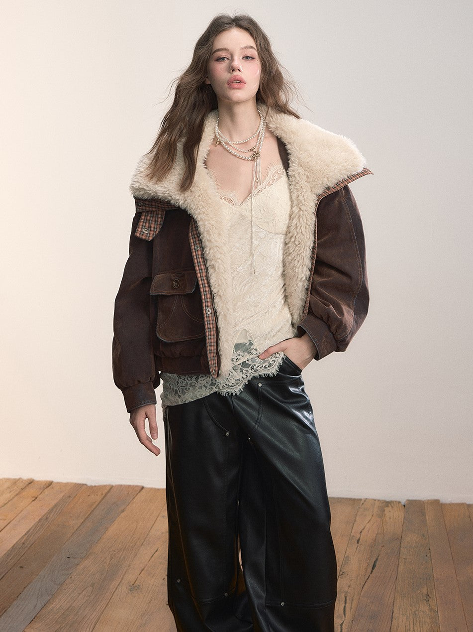 Velvet Denim Large Fur Collar Jacket VIA0362