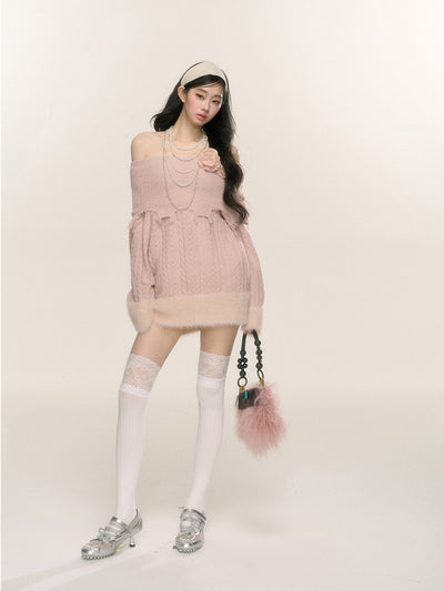 Misty Powder Style One Shoulder Knitted Short Dress DIA0239