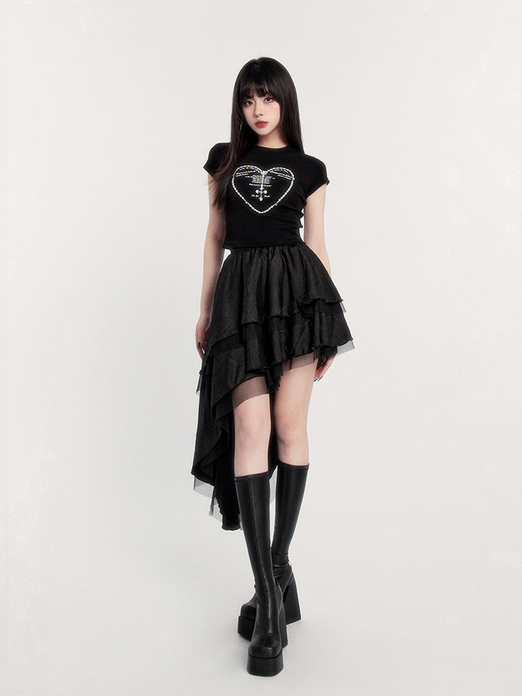 Micro-elastic Dark Rhinestone Heart Printed Short Sleeve T-shirt VOC0238