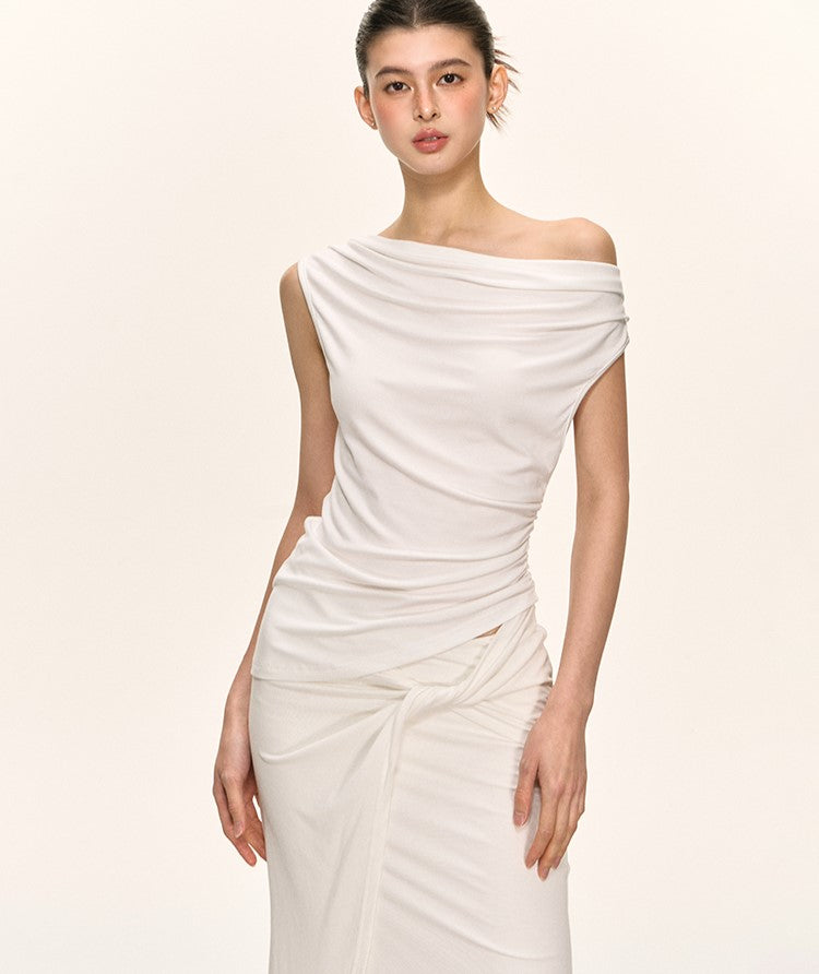 Pleated Oblique Shoulder Top/Skirt ANA0034