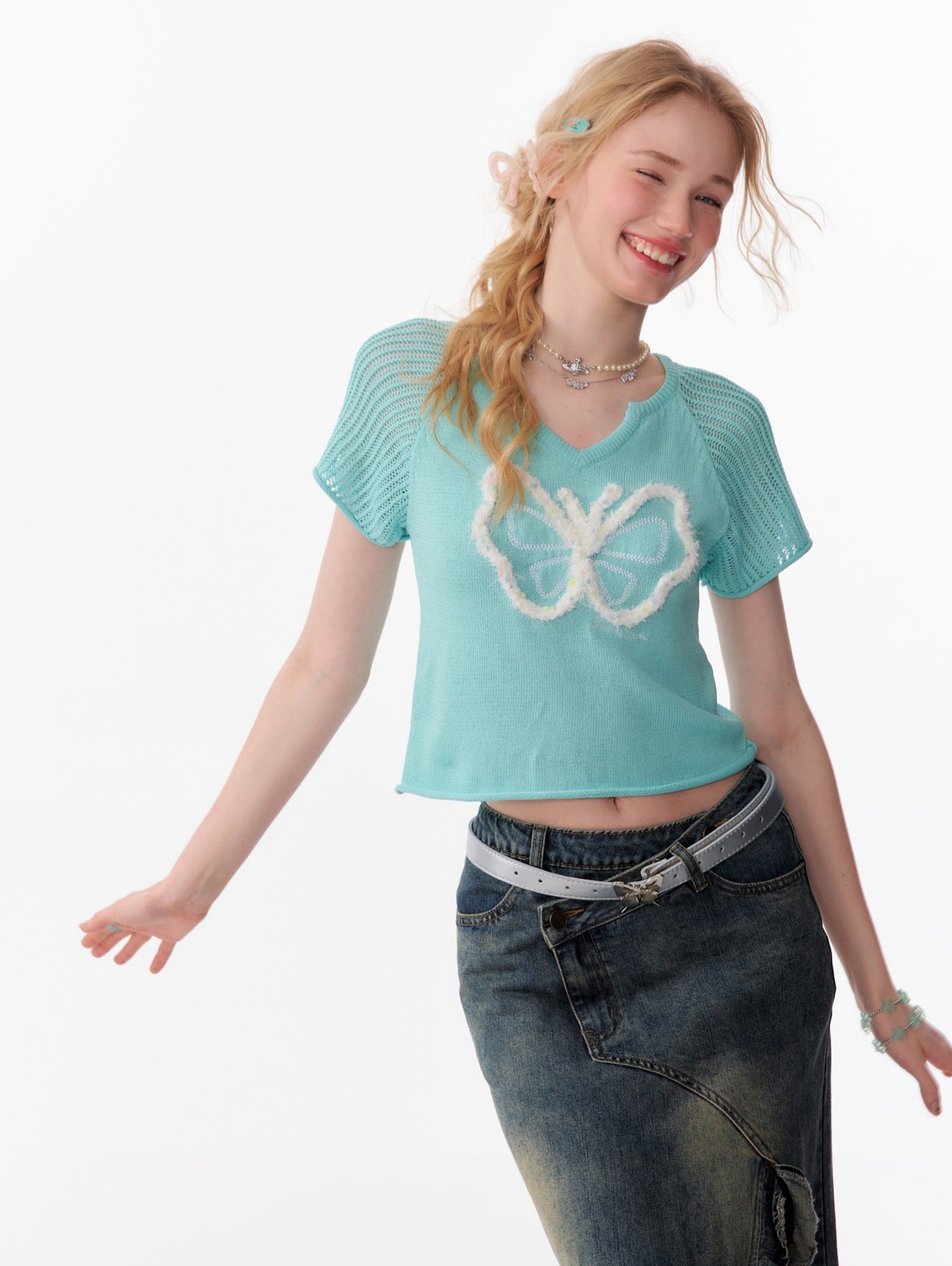 Three-dimensional Butterfly V-neck Short-sleeved Knit ZIZ0096