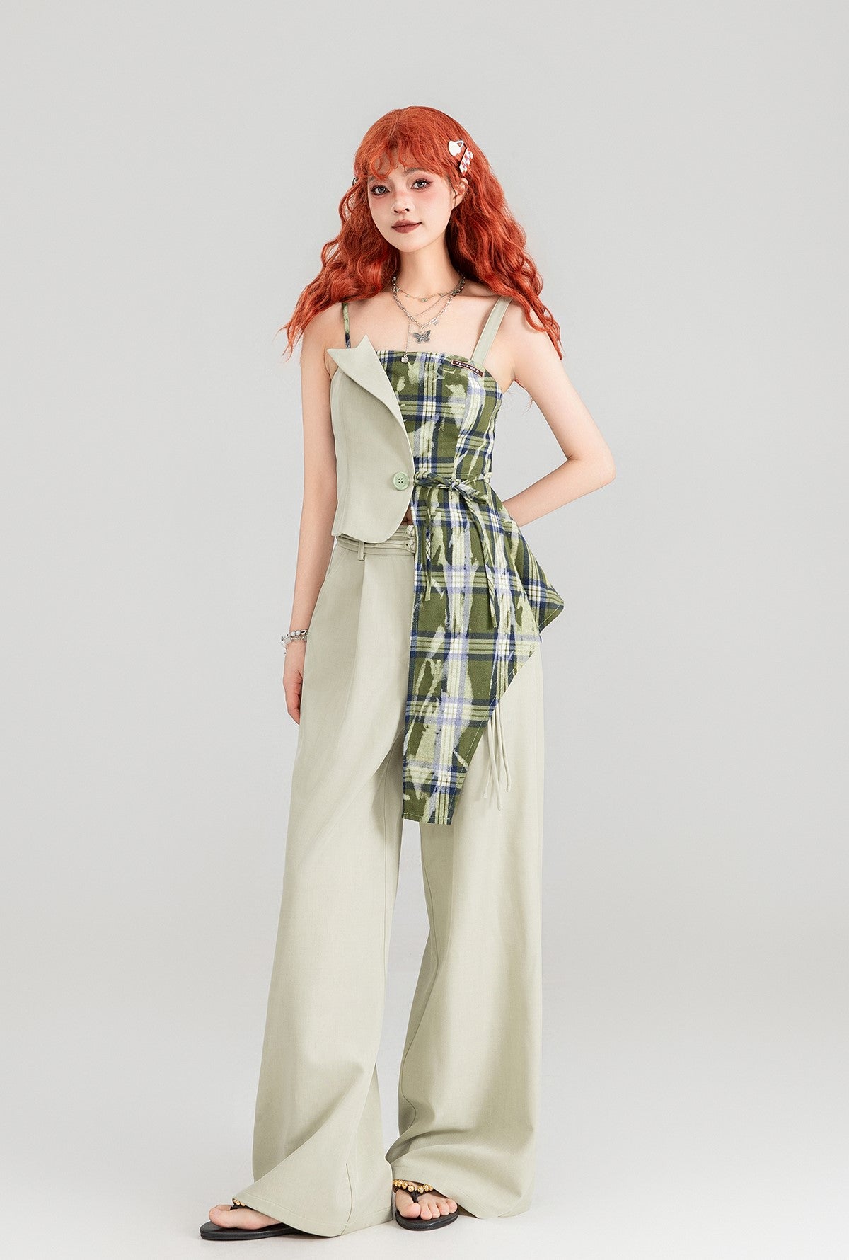 Button-decorated Drape Wide-leg Floor-length Pants KEI0162