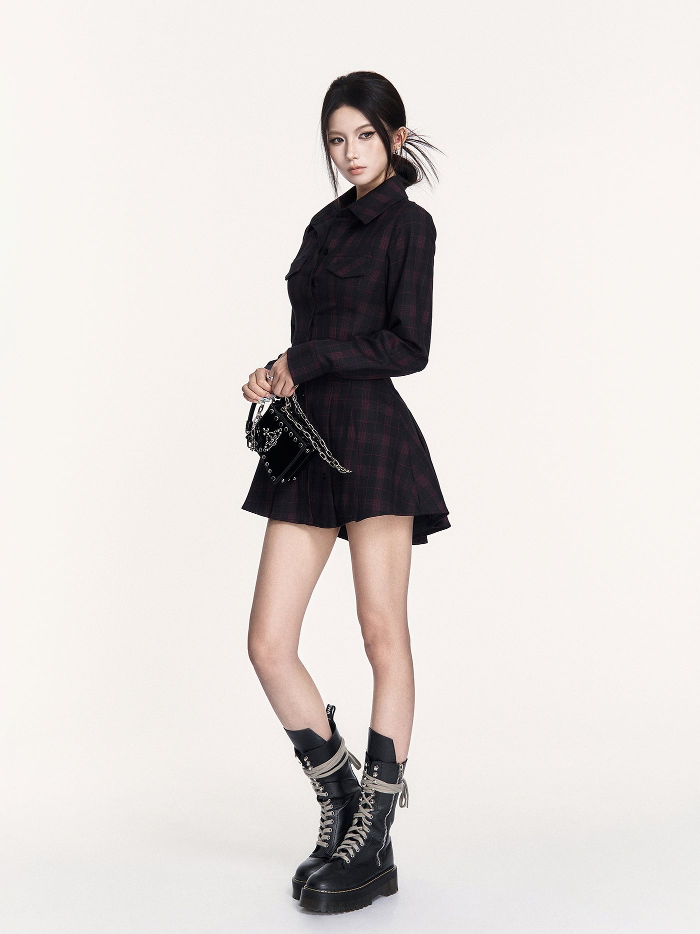 Plaid Open Back Tie Shirt Dress VOC0441