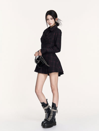 Plaid Open Back Tie Shirt Dress VOC0441