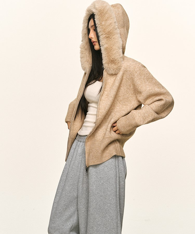 Double Zipper Large Fur Collar Knit Cardigan ANA0094