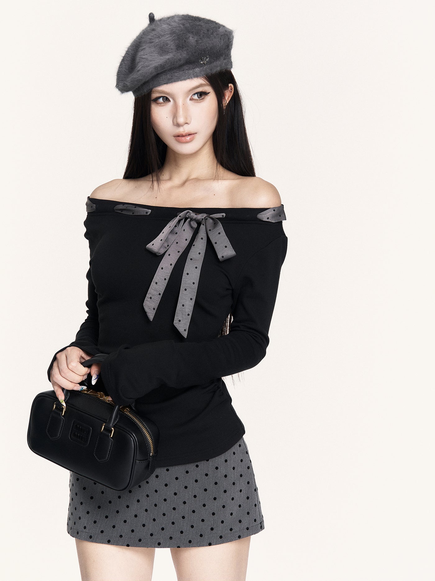 Grey Polka Dot Bow Short Skirt VOC0430