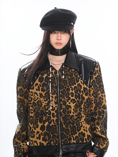 Wild Leopard Design Leather Lapel Zipper Jacket UNC0189