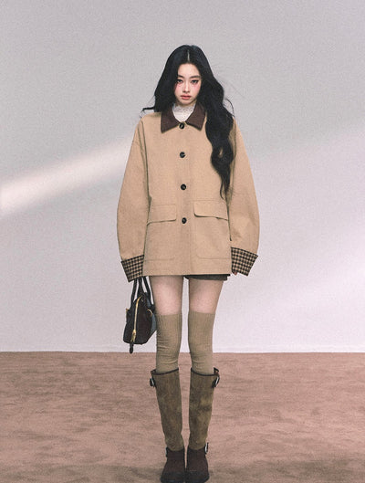 British Style Polo Collar Plaid Jacket DIA0656