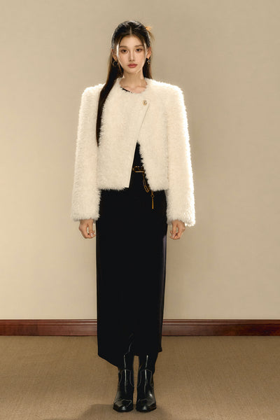 Eco-friendly Fur Asymmetrical Warm Iimitation Lambswool Short Jacket OSH0095