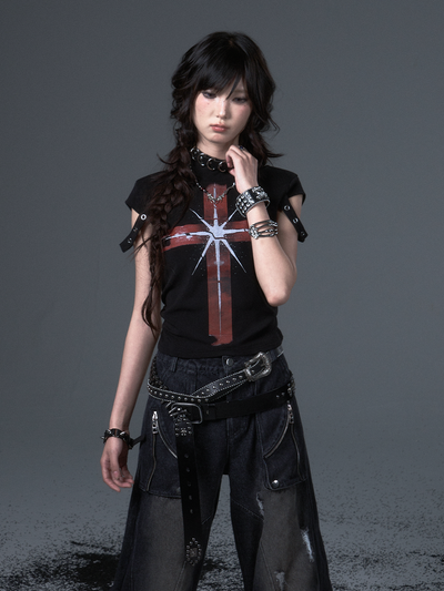 Punk Cross Print Short T-shirt FRU0105
