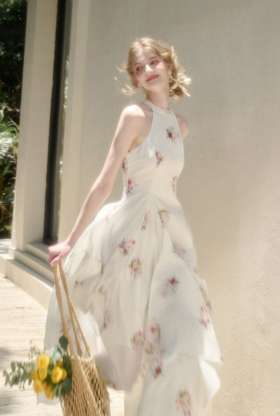 Halter Neck Flower Printed Dress GRO0160