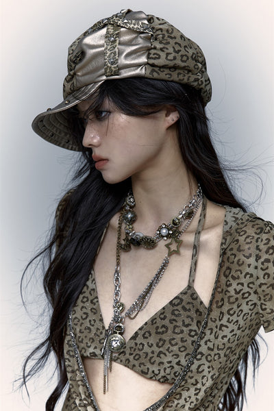 Punk Leopard Print Stitching Rivet Beret NOR0073