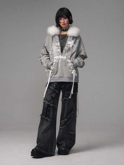 Print Half-Open Zipper Hooded Sweatshirt FRU0125