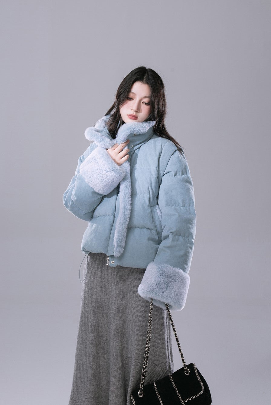 Mist Blue Velvet Detachable Fur Vest Down Jacket COT0180