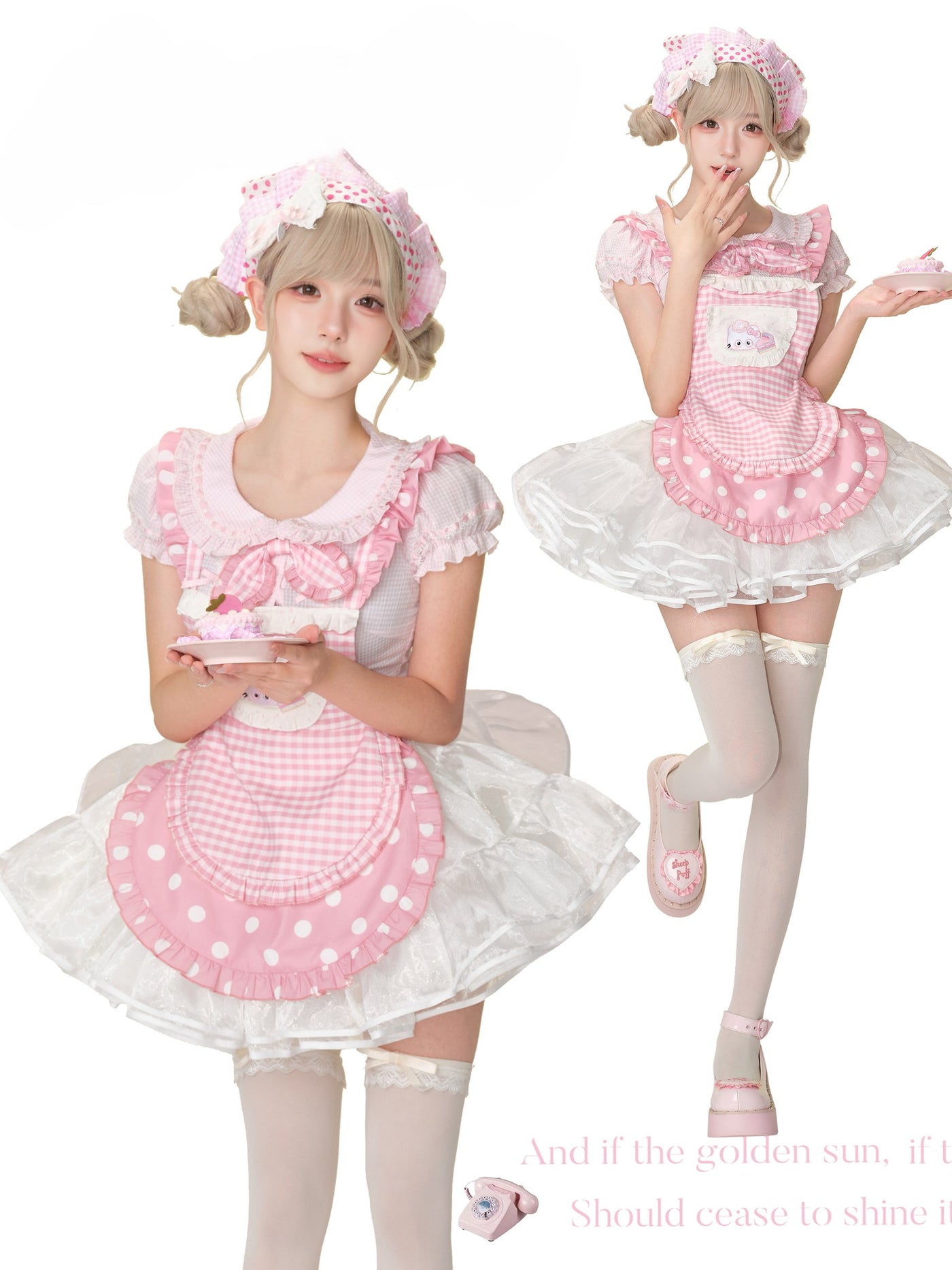 Pink Bow Shirt/Plaid Apron/White Skirt SER0158