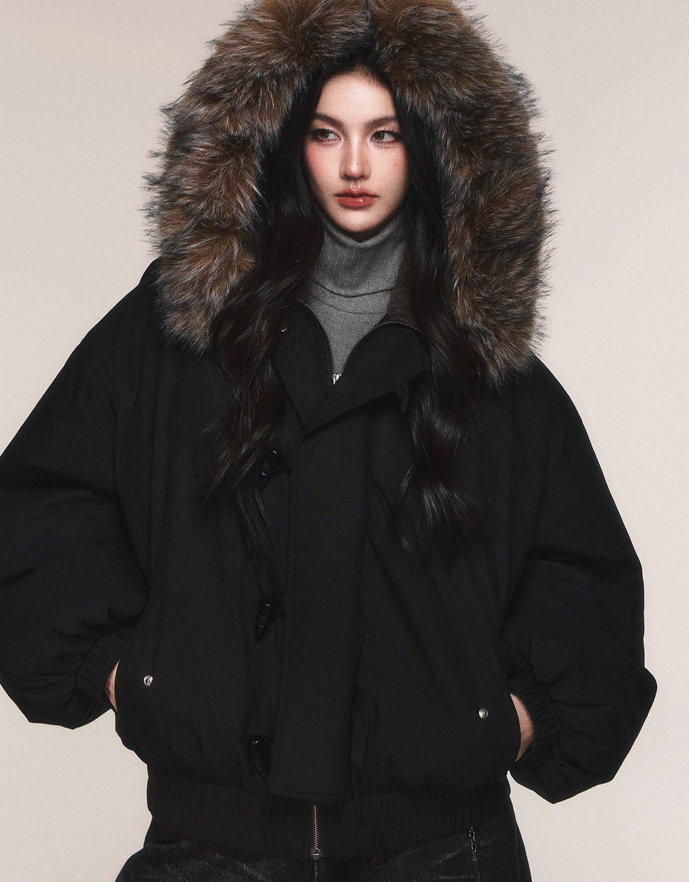 Black Hooded Large Fur Collar Down Jacket LUL0213