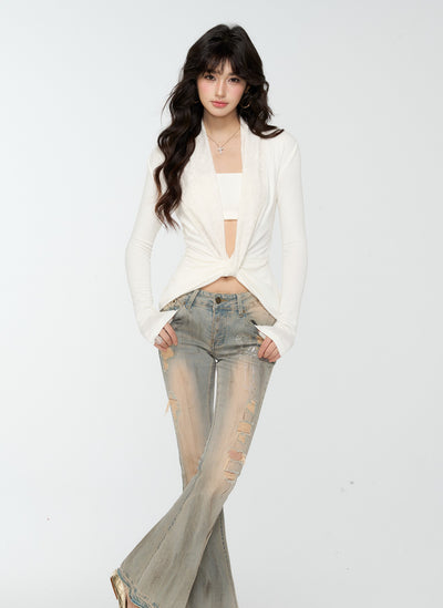 Large V-neck Slim Long Sleeve T-shirt+Tube Top 4MU0178