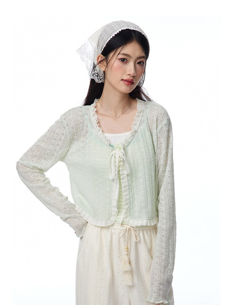 Lace Hollow Mint Color Knitted Cardigan/Pants NTO0109