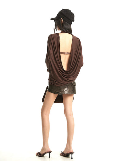 Backless Swing Collar Long-sleeved T-shirt UNC0290