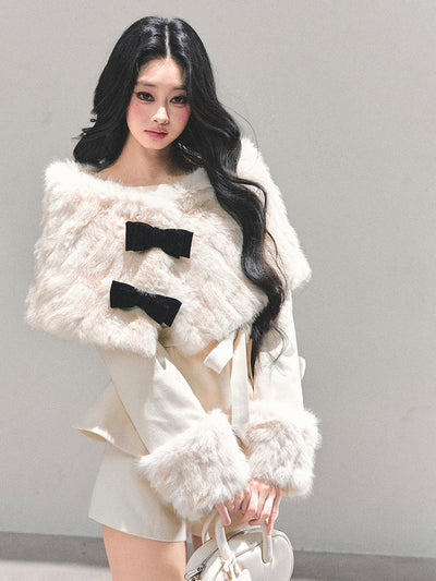 Detachable Cuffs Quilted Jacket/Ribbon Shawl/Shorts DIA0729