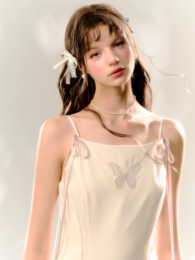 Beige Butterfly Lace Embroidery Suspenders Pleated Dress SUN0069