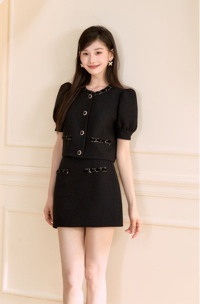 Black Puff Sleeves Short Jacket/Skirt OSH0148