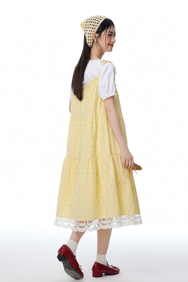 Yellow Dotted Open-front Loose A-line Suspender Dress/White Shirt NTO0090