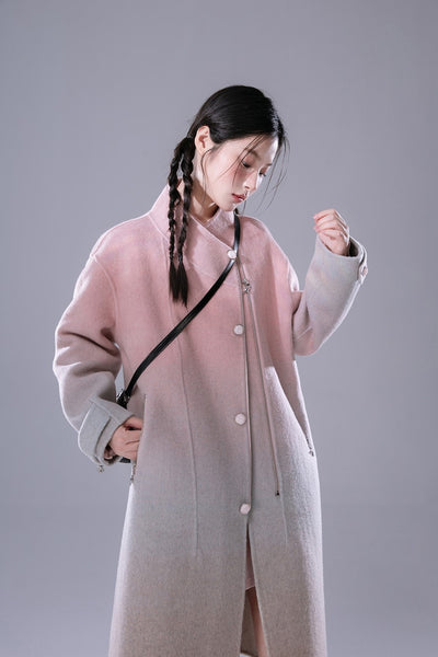 Gradient Powder Pink And Blue Contrast Tencel Double-faced Wool Coat COT0163