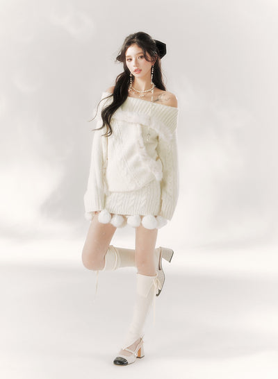 Off-shoulder Plush Fur Knitted Sweater BBB0102