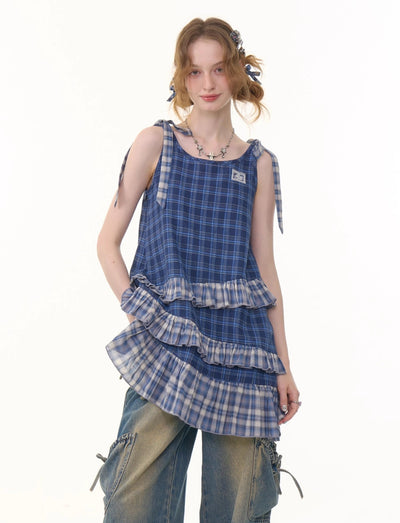 Retro Irregular Hem Blue Plaid Suspender Dress ZIZ0289