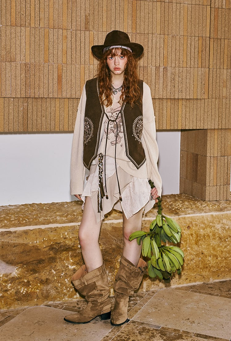 Cashew Flower Embroidery Leather Vest DID0251