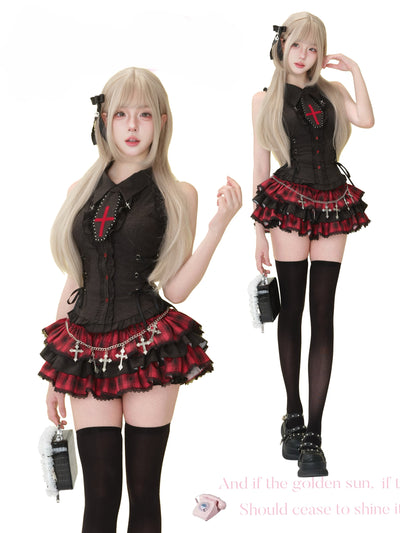 Bow Tie Sleeveless Top/Red Checkered Skirt SER0170