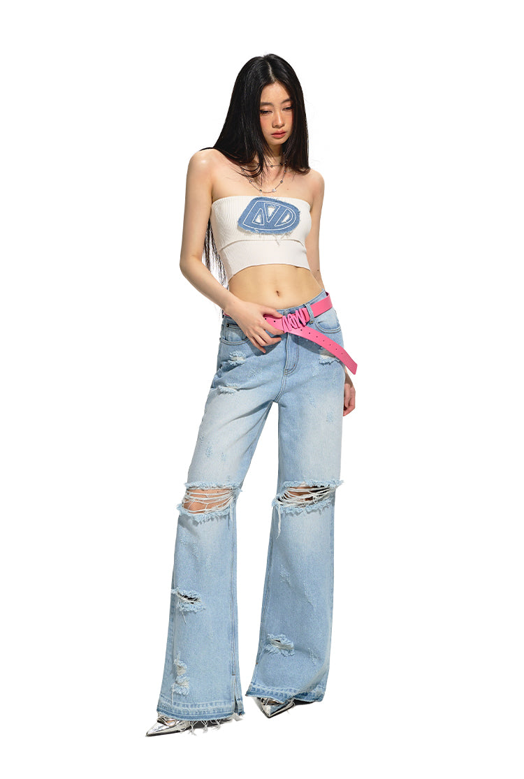 Tight Knitted Denim Embroidered Tube Top NOT0192