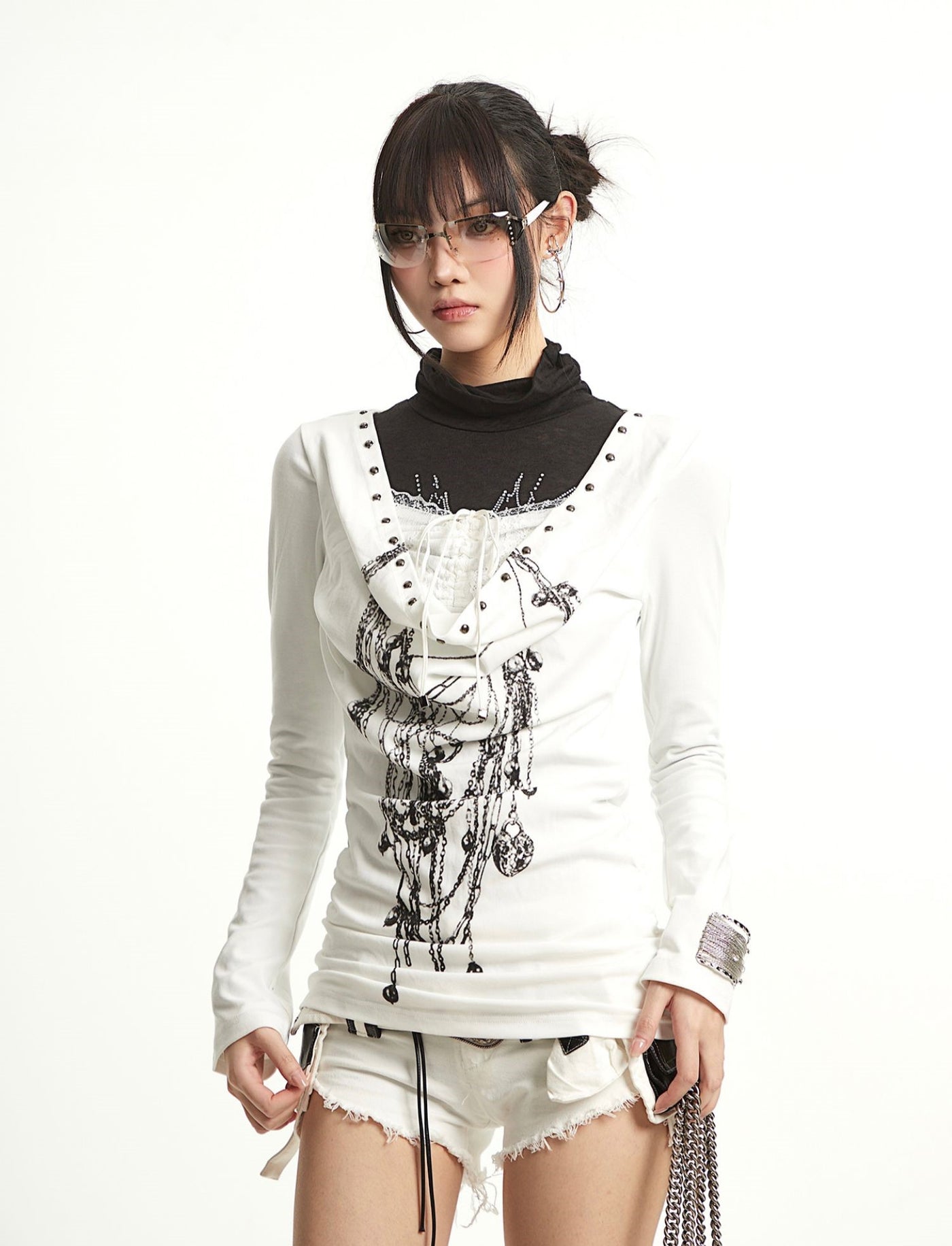 Fake Two-piece Lace Stitching Print T-shirt UNC0287