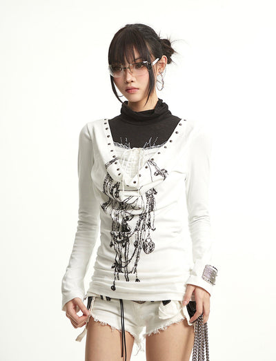 Fake Two-piece Lace Stitching Print T-shirt UNC0287