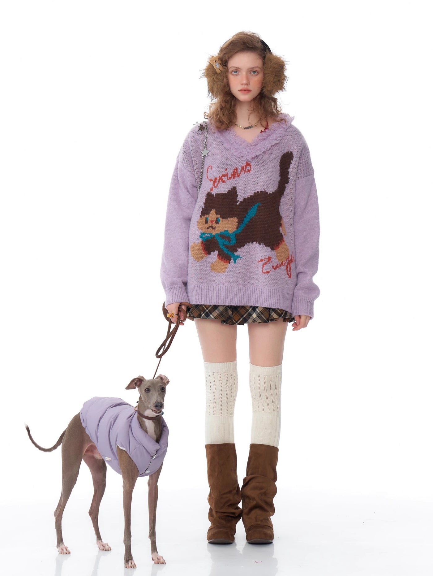 American Retro Design V-neck Lazy Style Loose Cat Sweater ZIZ0191