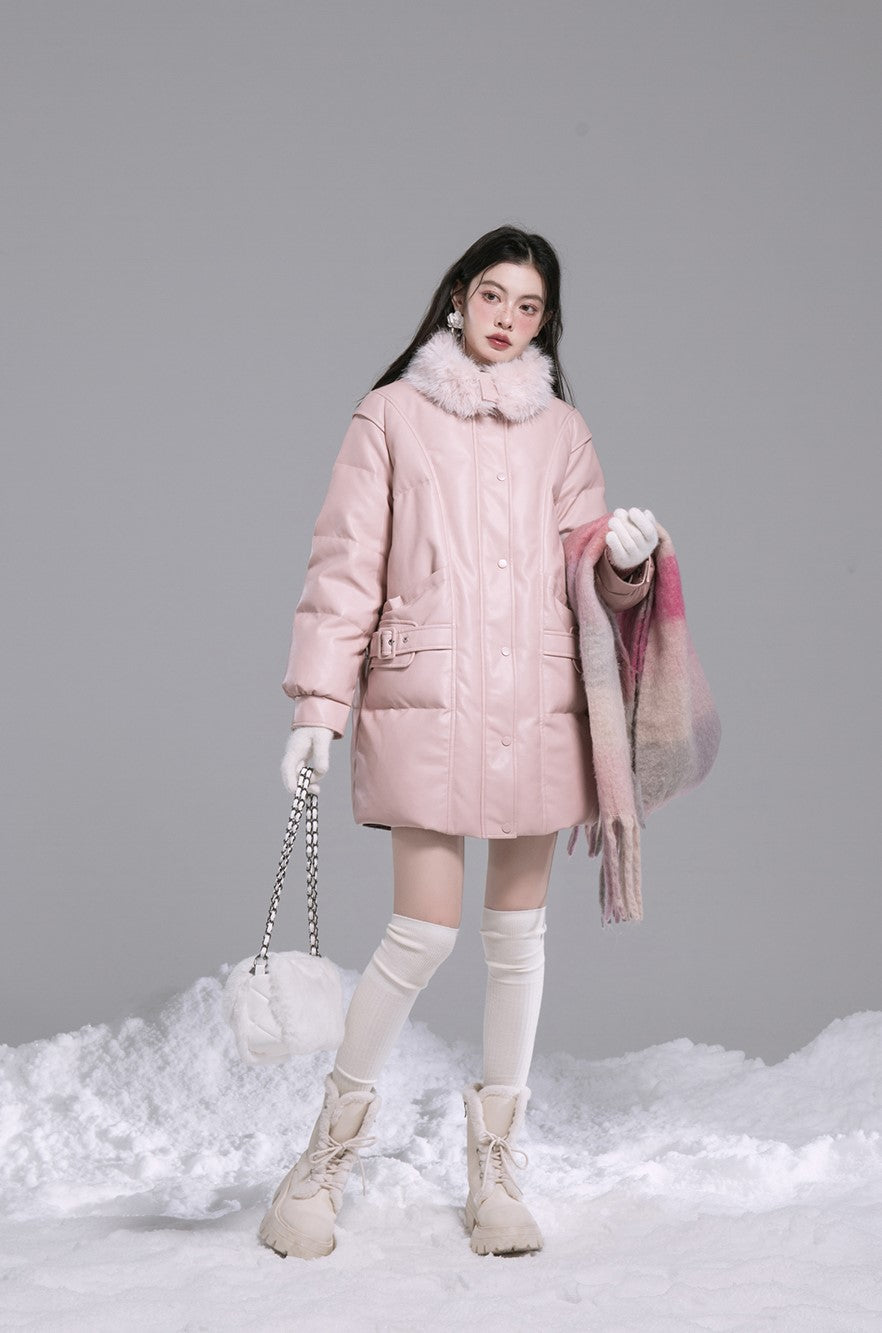 Rose Pink National Standard Leather Down Jacket COT0185