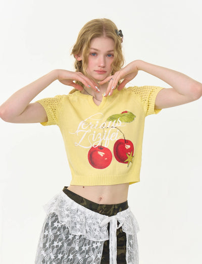 Cherry Print V-neck Short Knit ZIZ0261