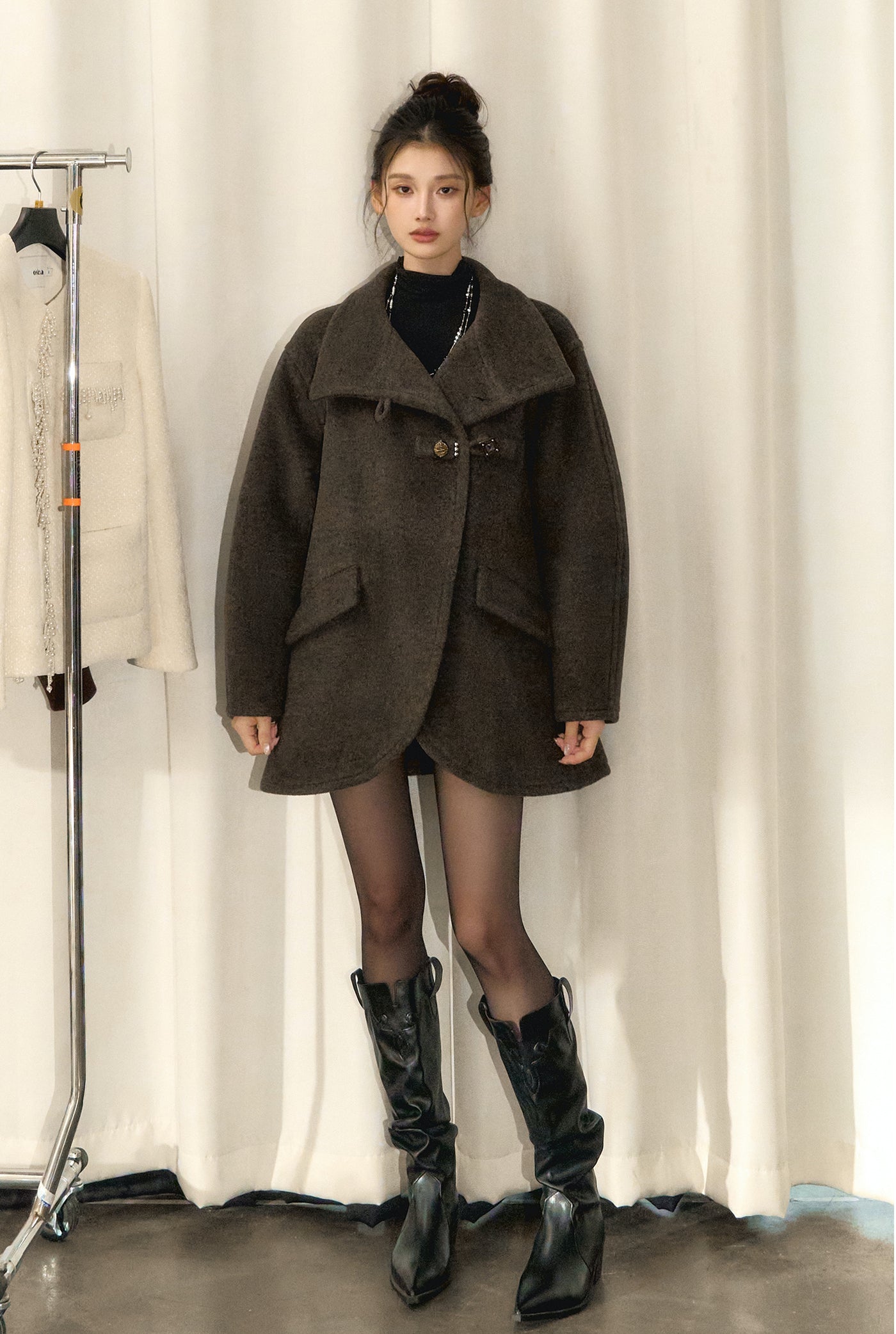 Rock Gray Tweed High Collar Tweed Coat OSH0100