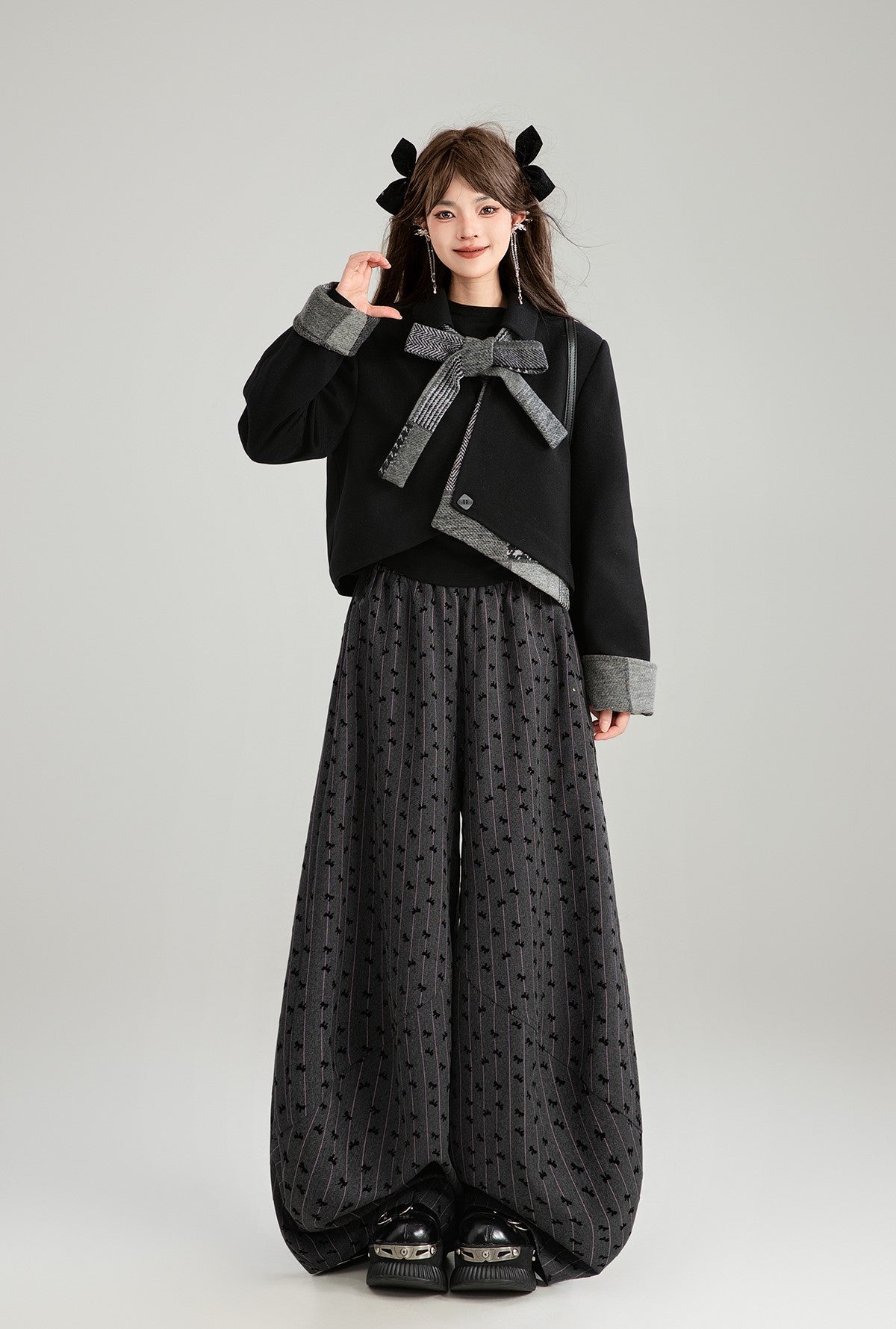 Bow Tie Short Jacket/Black Slit Long Skirt/Plaid Short Skirt KEI0184