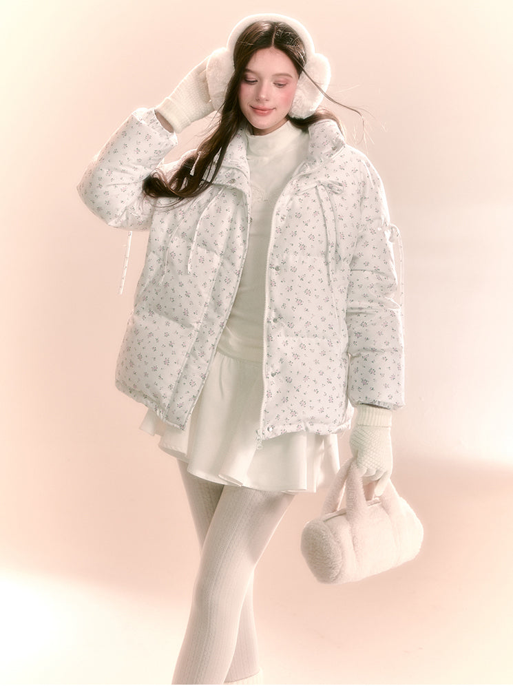 Little Floral Print Stand Up Collar Short Down Jacket QDQ0097