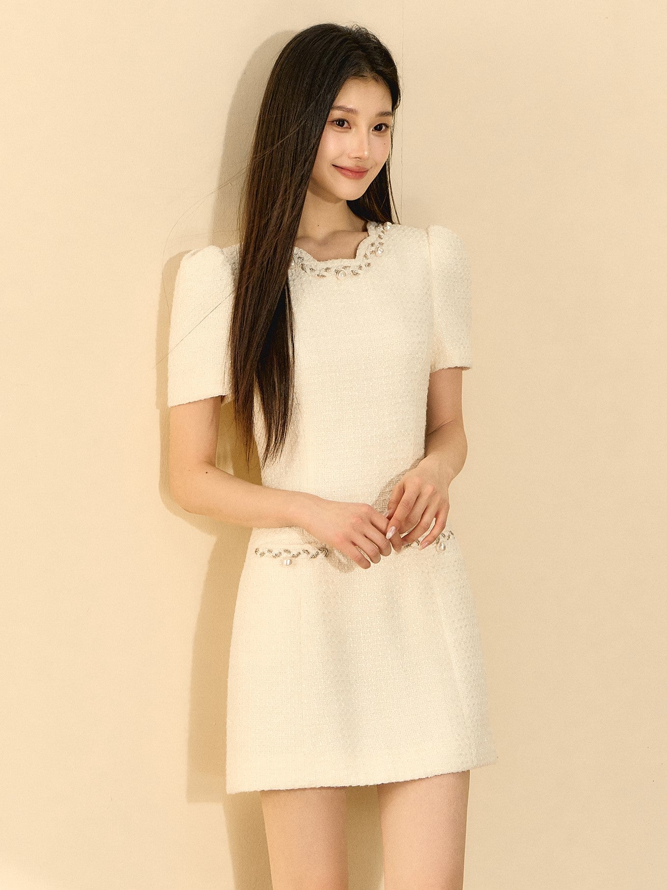Puff Sleeve A-line Beaded Dress OSH0141