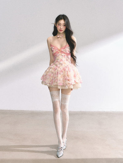 Lace Floral Suspender Puffy Dress DIA0445