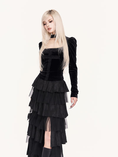 Gothic Lace Patchwork Cross Puff Sleeve Shirt VOC0465