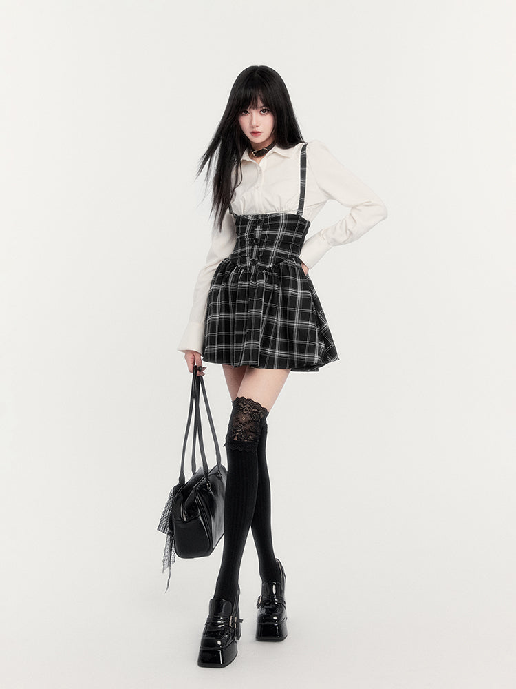 Super High Waist Fishbone Plaid Suspender Skirt VOC0272